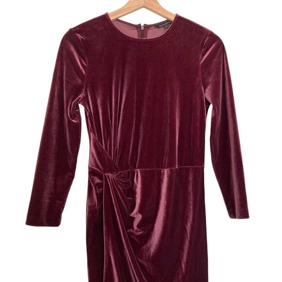 BANANA REPUBLIC Long Sleeve Stretch Velvet Twist Midi Dress in Wine Burgundy - Picture 6 of 11